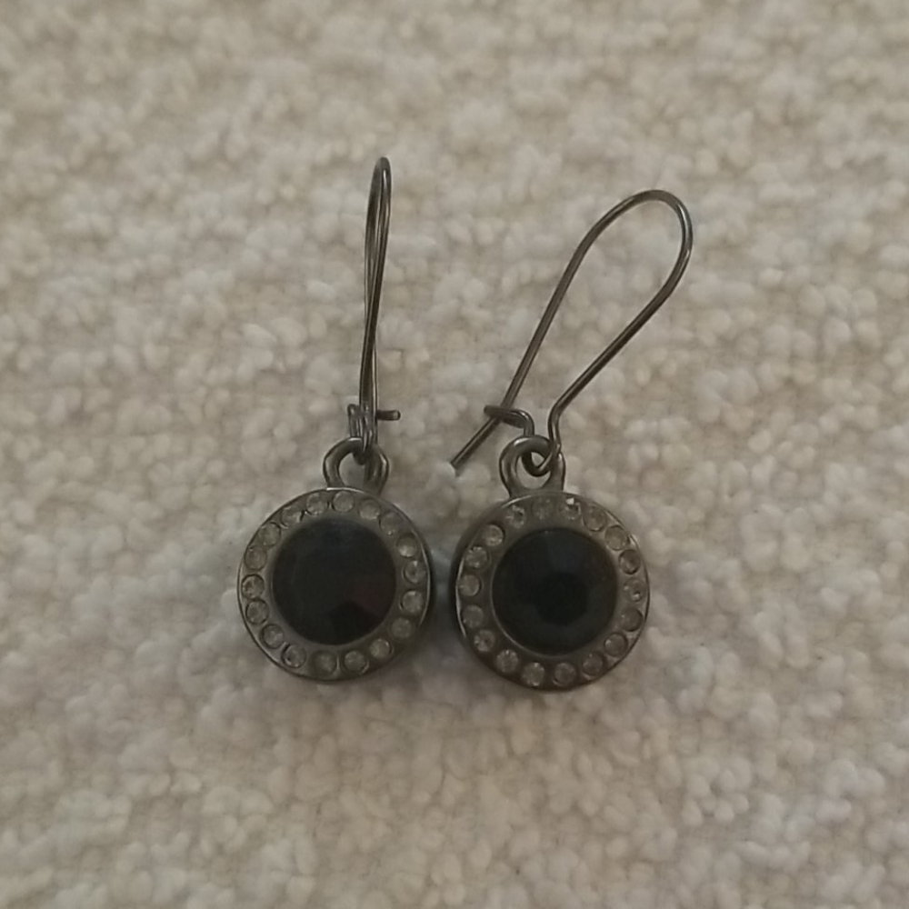 Gunmetal Rhinestone and Black Stone Drop Earrings